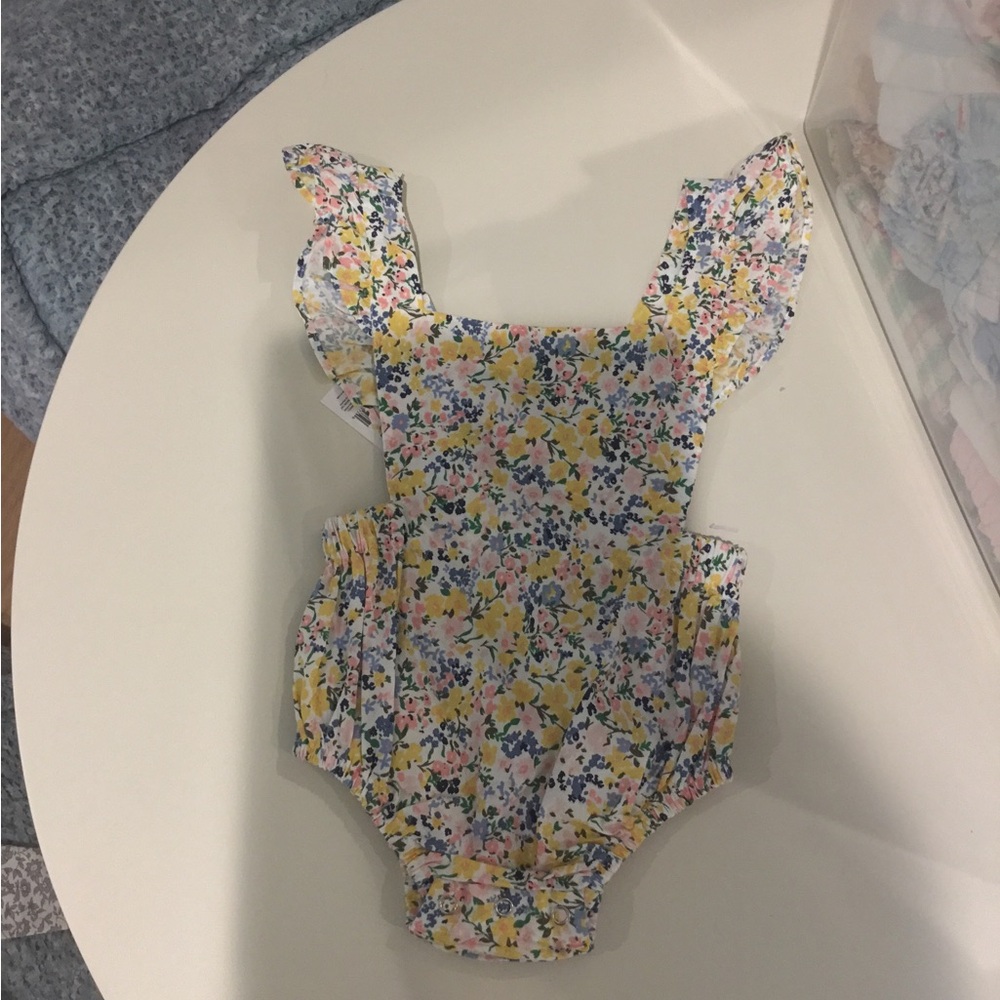 Floral Ruffle-Strap Baby One-Piece Romper in Yellow and Pink